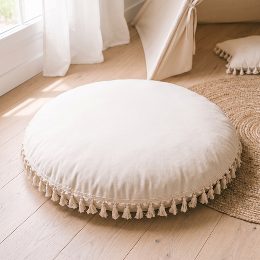 Little Teekie Large Tassel Floor Cushion Cover | Cotton 90cm Kids Floor Pillow – Ecru – lifestyle hero
