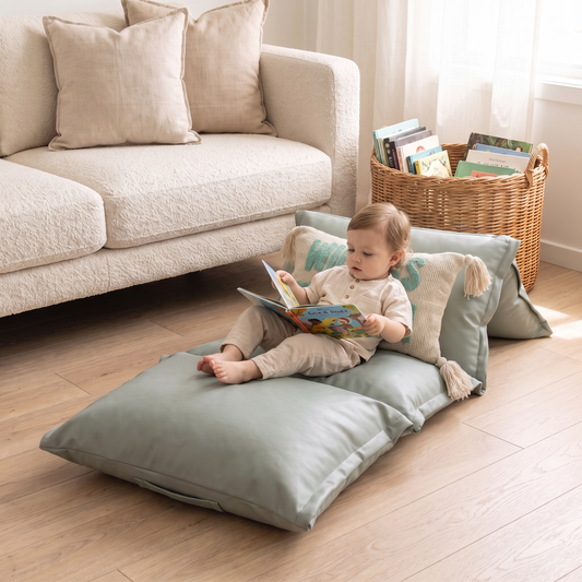 Little Teekie Pillow Mat Lounger Cover | Vegan Leather 196x66cm, Fits 4 Standard Pillows – Duck Egg – in use, shows scale