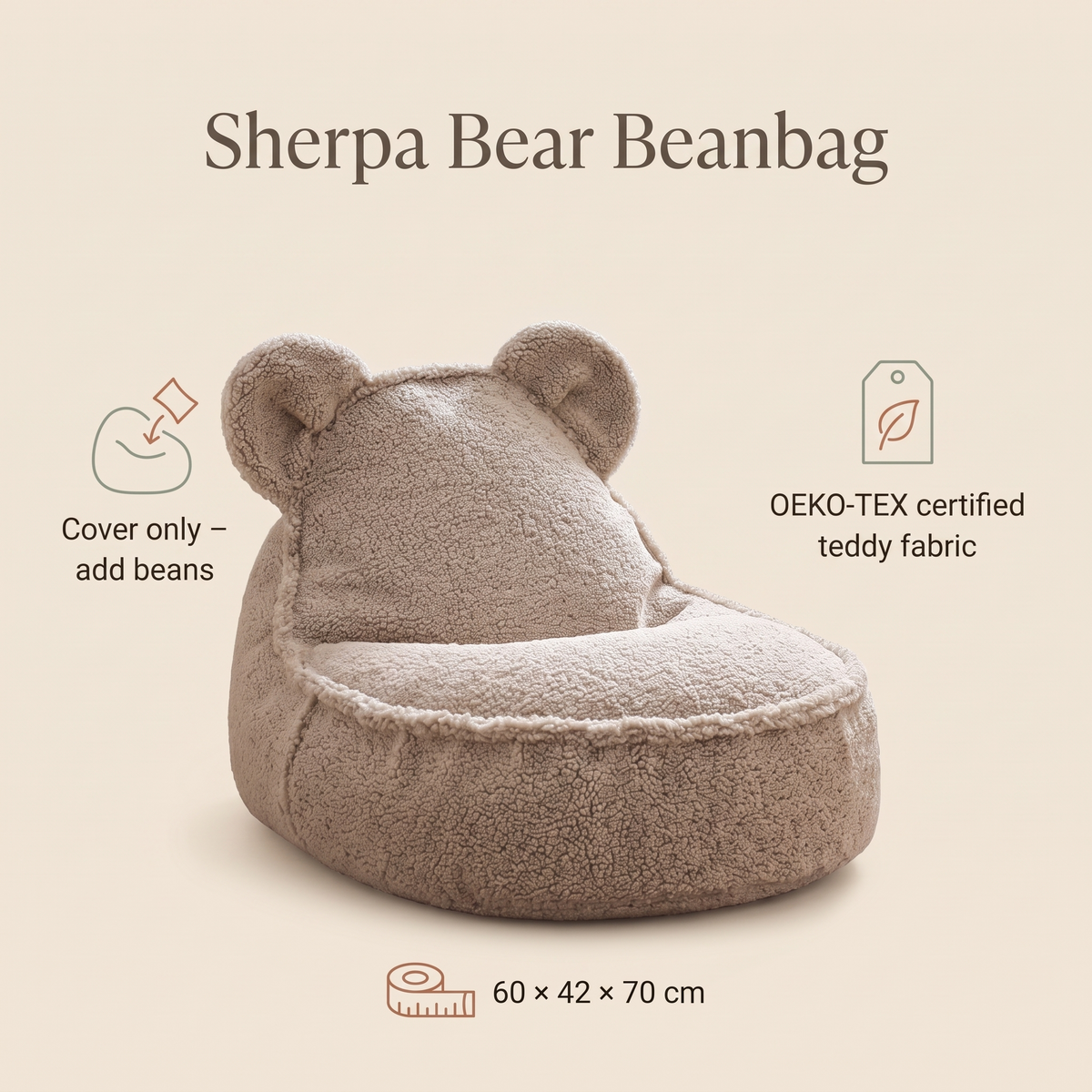 Little Teekie Bear Ear Kids Bean Bag Chair Cover | Sherpa Teddy 60x42x70cm – Biscuit – key features