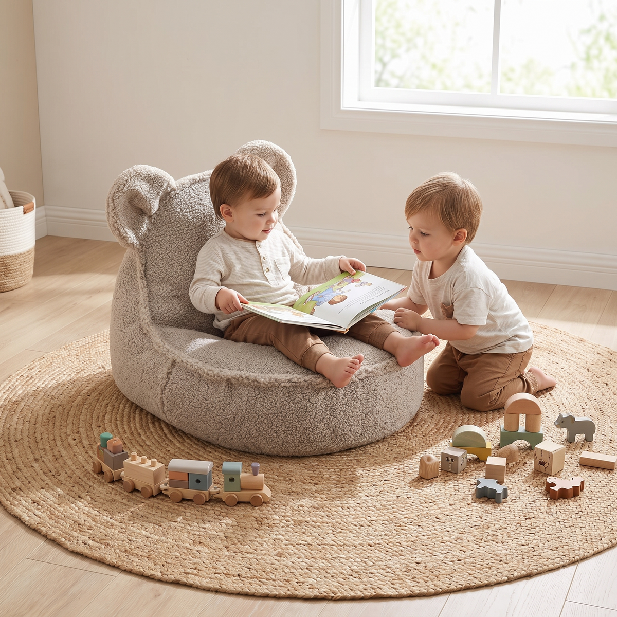 Little Teekie Bear Ear Kids Bean Bag Chair Cover | Sherpa Teddy 60x42x70cm – Biscuit – styled in a playroom