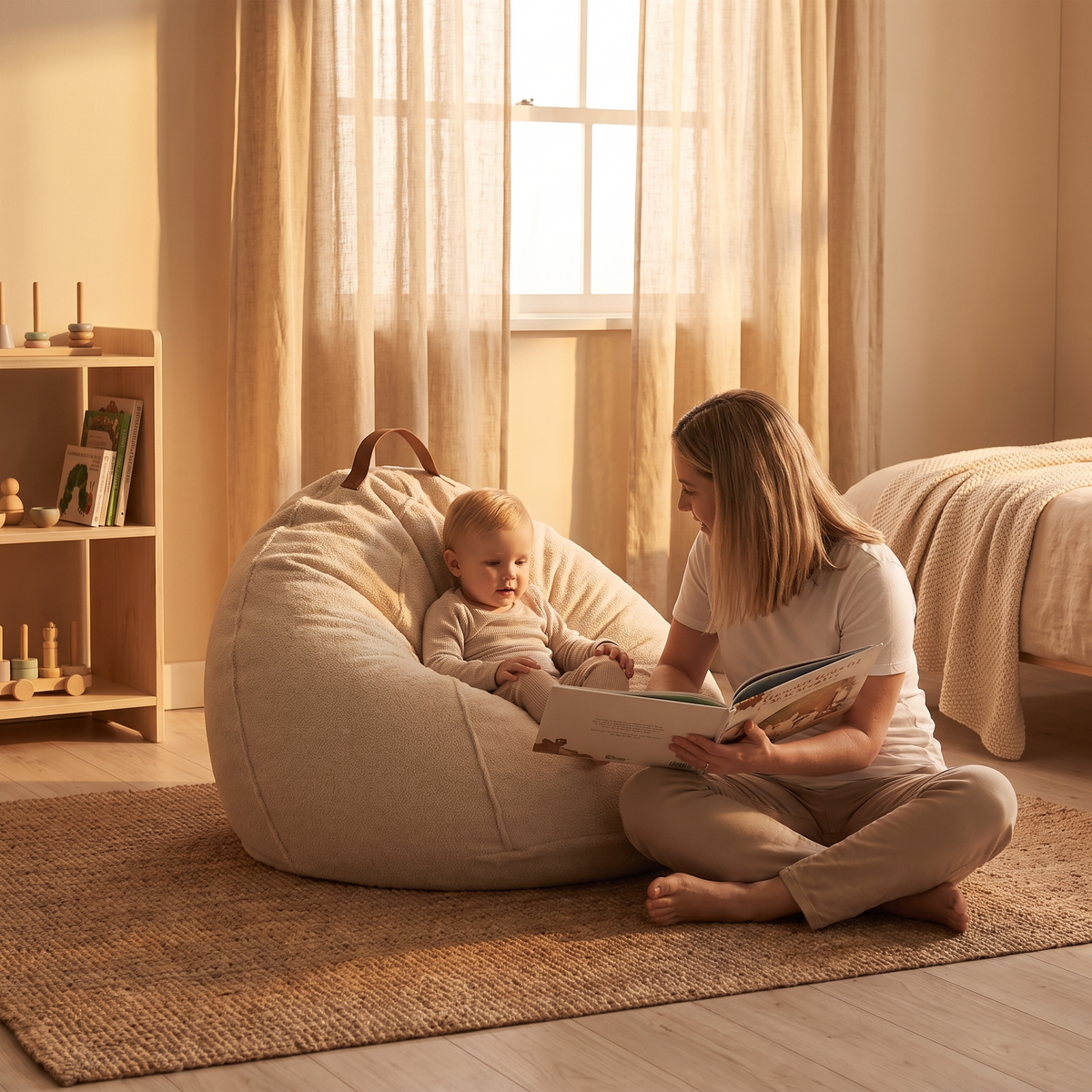 Little Teekie Teddy Boucle Kids Bean Bag Chair Cover | 80cm with Carry Handle – Oat – styled in a bedroom