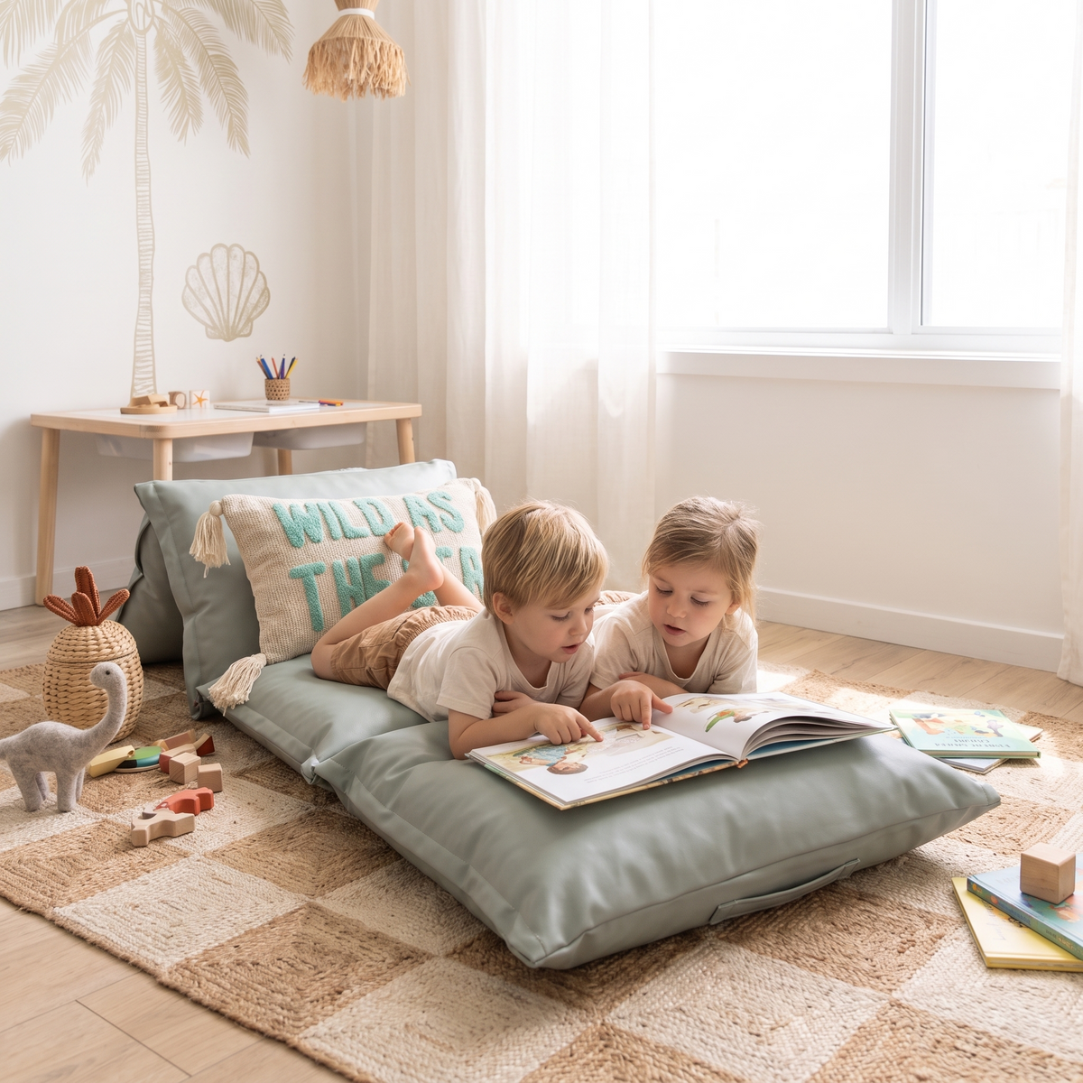 Little Teekie Pillow Mat Lounger Cover | Vegan Leather 196x66cm, Fits 4 Standard Pillows – Duck Egg – styled in a living room