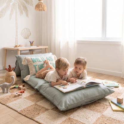 Little Teekie Pillow Mat Lounger Cover | Vegan Leather 196x66cm, Fits 4 Standard Pillows – Duck Egg – styled in a living room