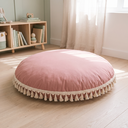 Little Teekie Large Tassel Floor Cushion Cover | Cotton 90cm Kids Floor Pillow – Rose – lifestyle hero