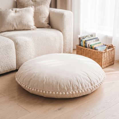 Little Teekie Large Pom-Pom Floor Cushion Cover | Cotton 90cm Kids Floor Pillow – Ecru – lifestyle hero