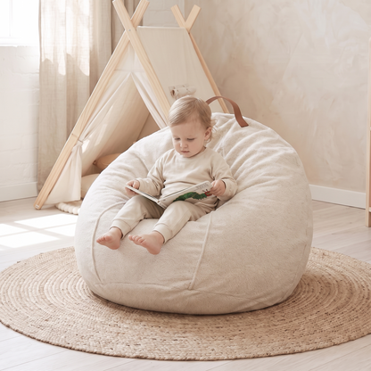 Little Teekie Teddy Boucle Kids Bean Bag Chair Cover | 80cm with Carry Handle – Oat – in use, shows scale