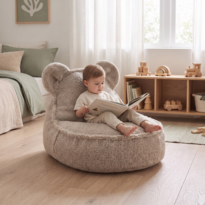 Little Teekie Bear Ear Kids Bean Bag Chair Cover | Sherpa Teddy 60x42x70cm – Biscuit – in use, shows scale