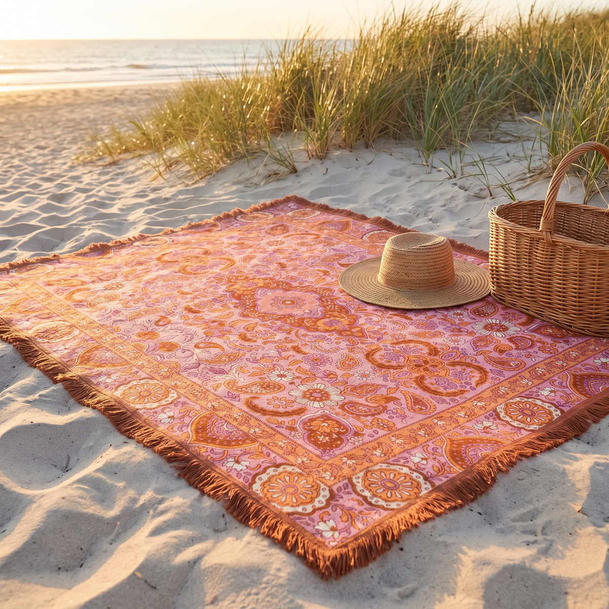 Little Teekie Woven Cotton Picnic Rug | Fringed XL 190x160cm – Sage Stripe – styled in a garden