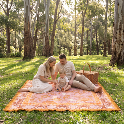 Little Teekie Woven Cotton Picnic Rug | Fringed XL 205x160cm – Terracotta Stripe – in use, shows scale