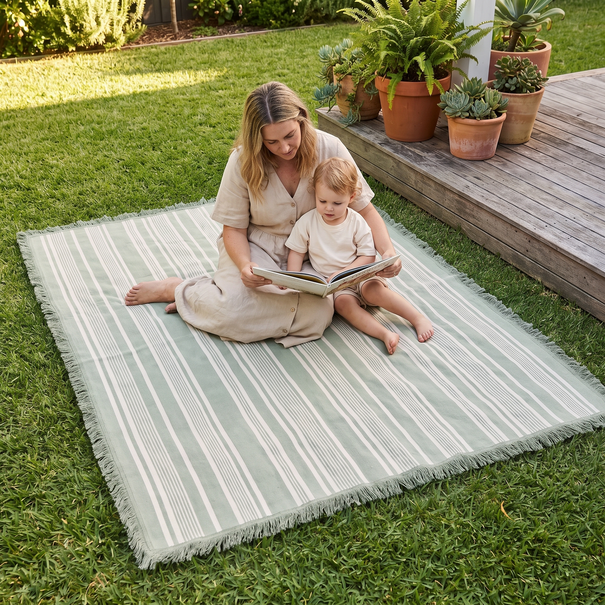 Little Teekie Woven Cotton Picnic Rug | Fringed XL 190x160cm – Sage Stripe – in use, shows scale