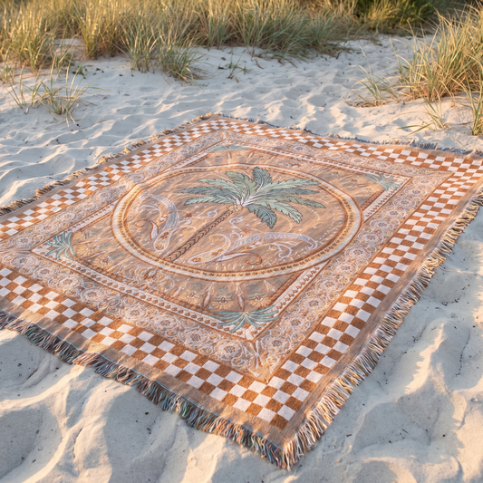 Little Teekie Woven Recycled Cotton Picnic Rug | Fringed XL 160x200cm – Black & Natural Stripe – lifestyle hero