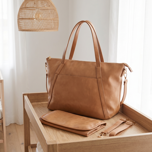 Little Teekie Nappy Tote Bag | Vegan Leather Shoulder Carry-All – Tan – lifestyle hero