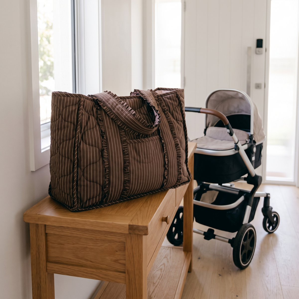 Little Teekie Quilted Nappy Tote | Puffer Cotton, Lightweight Baby Bag – Cocoa Pinstripe – lifestyle hero