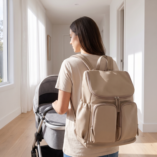 Little Teekie Convertible Nappy Backpack | Pebbled Vegan Leather, 5-Way Carry, Insulated Pockets – Oat – in use, shows scale