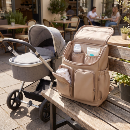 Little Teekie Convertible Nappy Backpack | Pebbled Vegan Leather, 5-Way Carry, Insulated Pockets – Oat – styled in a park setting
