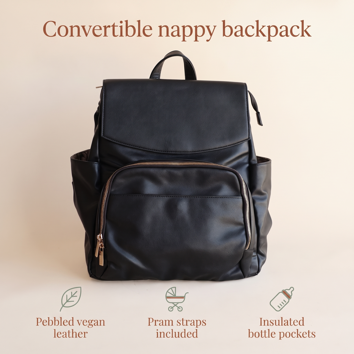 Little Teekie Convertible Nappy Backpack | Pebbled Vegan Leather, 5-Way Carry, Insulated Pockets – Black – key features