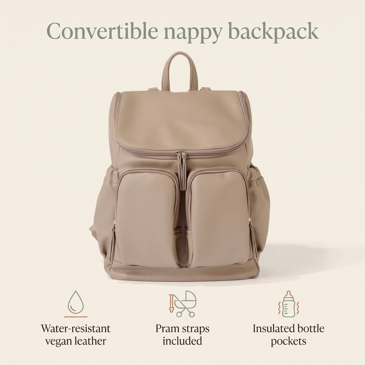 Little Teekie Convertible Nappy Backpack | Pebbled Vegan Leather, 5-Way Carry, Insulated Pockets – Oat – key features