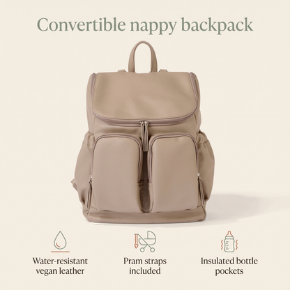 Little Teekie Convertible Nappy Backpack | Pebbled Vegan Leather, 5-Way Carry, Insulated Pockets – Oat – key features