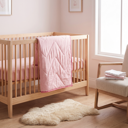 Little Teekie Quilted Bamboo Cotton Cot Bedspread | Cot Size – Blush – styled in a nursery