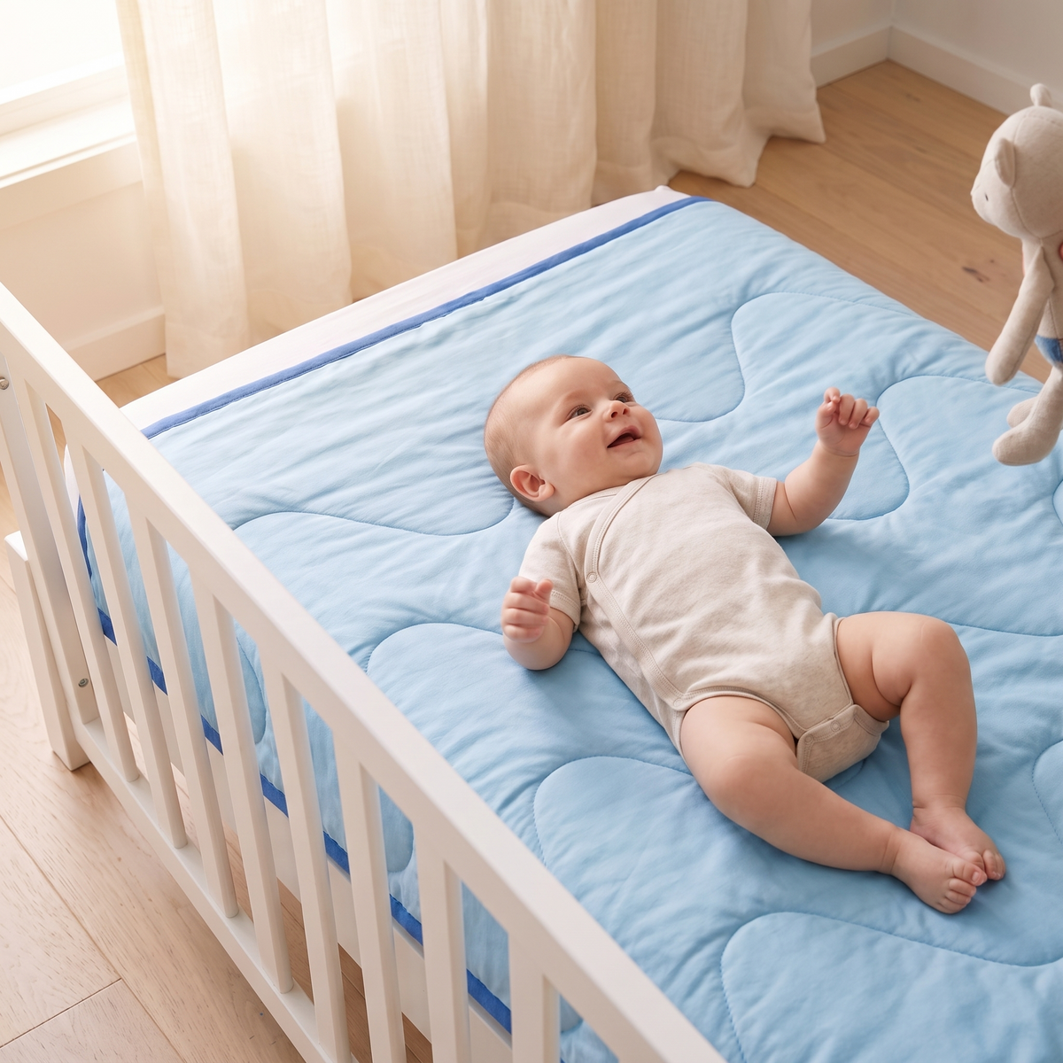 Little Teekie Quilted Bamboo Cotton Cot Bedspread | Cot Size – Sage – in use, shows scale