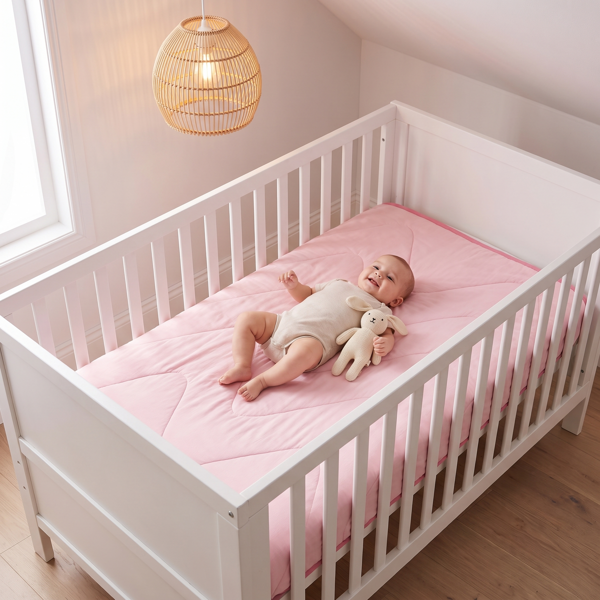 Little Teekie Quilted Bamboo Cotton Cot Bedspread | Cot Size – Blush – in use, shows scale