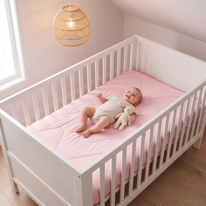 Little Teekie Quilted Bamboo Cotton Cot Bedspread | Cot Size – Blush – in use, shows scale