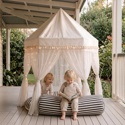 Little Teekie Reading Corner Bundle | Fairytale Tent, Support Pillow & USB Fairy Lights – Ivory – in use, shows scale
