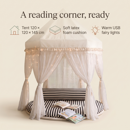 Little Teekie Reading Corner Bundle | Fairytale Tent, Support Pillow & USB Fairy Lights – Ivory – key features