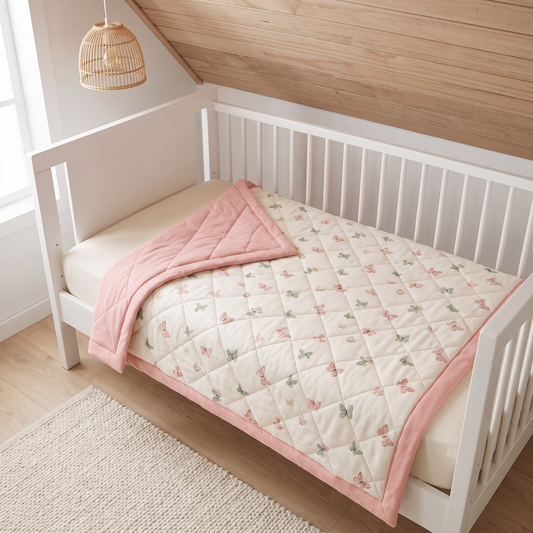 Little Teekie Reversible Quilted Organic Jersey Cot Comforter | 100x120cm – Butterfly Print – lifestyle hero