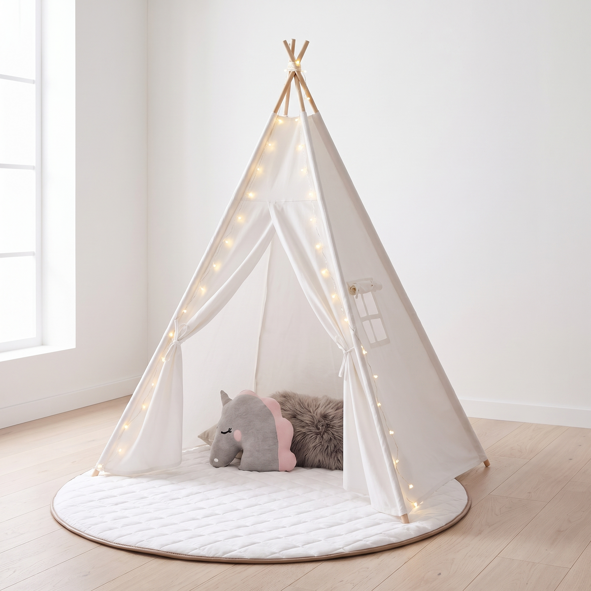 Little Teekie Teepee & Play Mat Bundle | Cotton Canvas Teepee, Round Quilted Mat & USB Fairy Lights – White – lifestyle hero