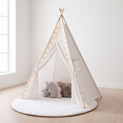 Little Teekie Teepee & Play Mat Bundle | Cotton Canvas Teepee, Round Quilted Mat & USB Fairy Lights – White – lifestyle hero