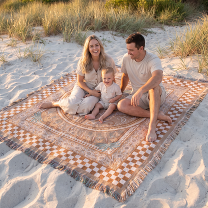 Little Teekie Woven Recycled Cotton Picnic Rug | Fringed XL 160x200cm – Black & Natural Stripe – in use, shows scale