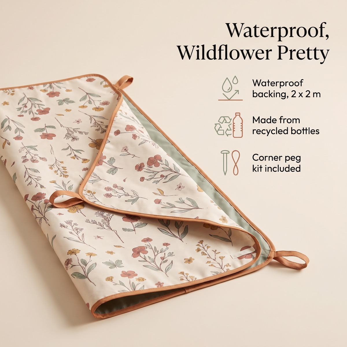 Little Teekie Recycled Waterproof Picnic Rug | XL 200x200cm with Peg Kit – Wildflower – key features