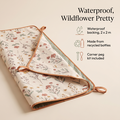 Little Teekie Recycled Waterproof Picnic Rug | XL 200x200cm with Peg Kit – Wildflower – key features