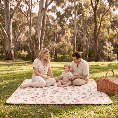 Little Teekie Recycled Waterproof Picnic Rug | XL 200x200cm with Peg Kit – Wildflower – in use, shows scale