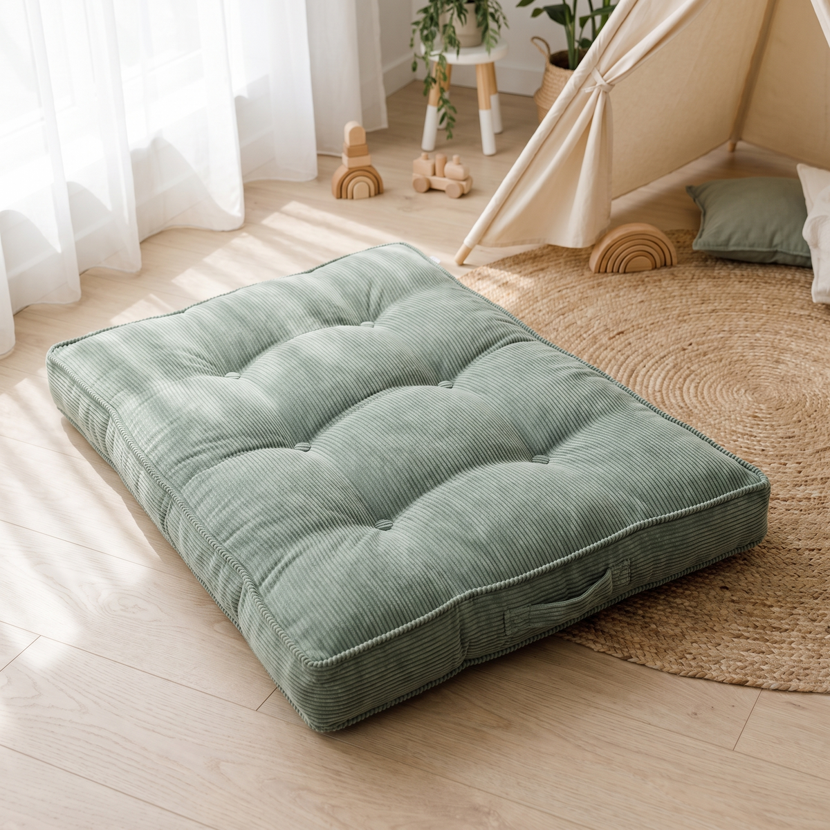 Little Teekie Corduroy Tufted Floor Cushion | Kids Floor Pillow 60cm, Filled – Sage – lifestyle hero