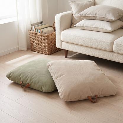 Little Teekie Corduroy Floor Cushion 2-Pack | Square 80x80cm with Carry Handles, Filled – Sage & Oat – lifestyle hero