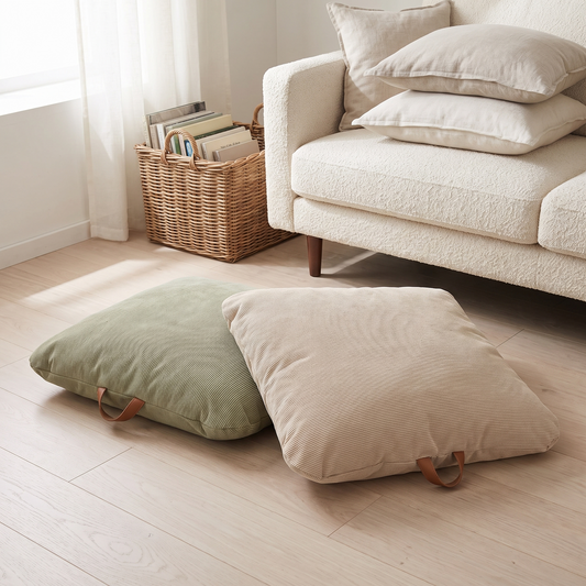Little Teekie Corduroy Floor Cushion 2-Pack | Square 80x80cm with Carry Handles, Filled – Sage & Oat – lifestyle hero