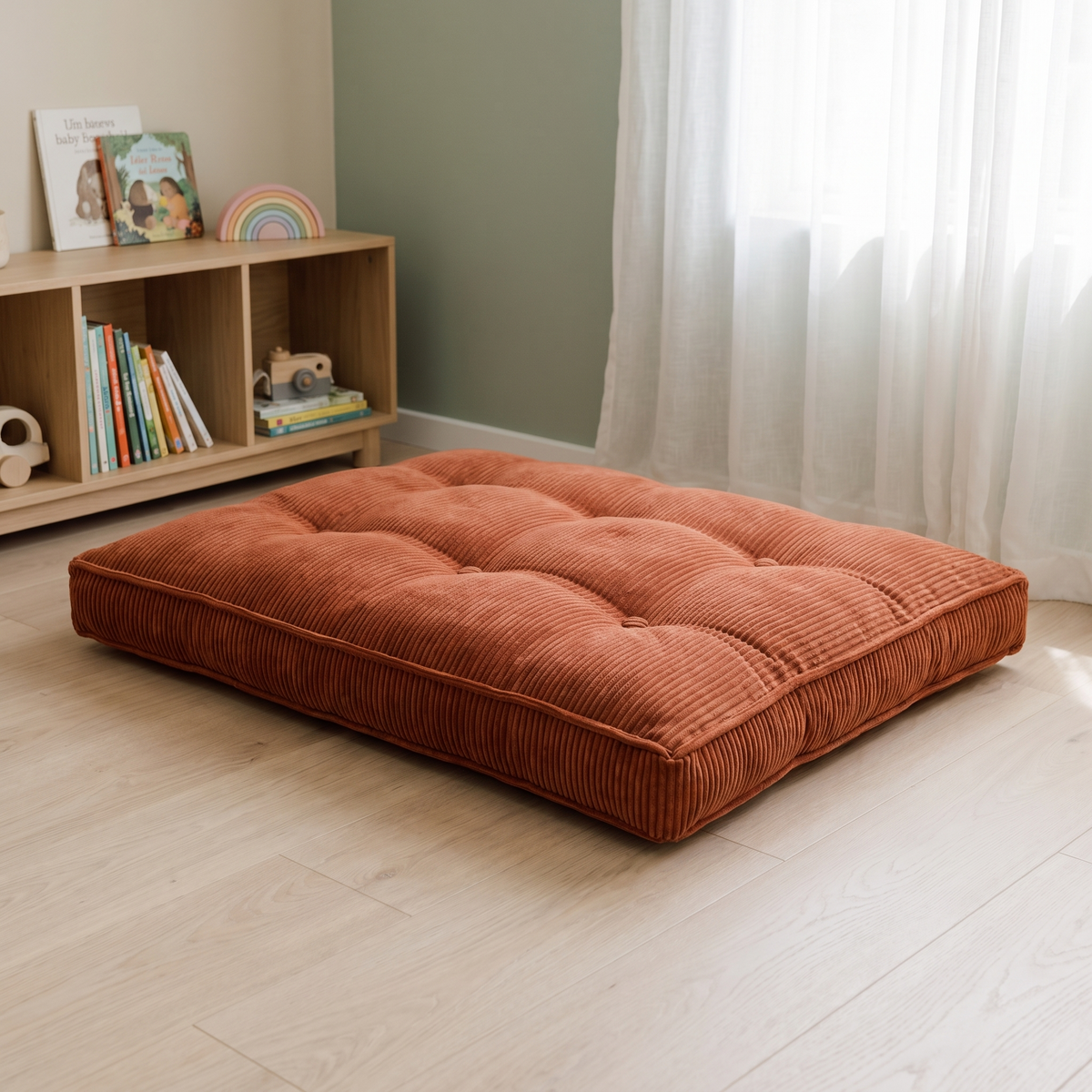 Little Teekie Corduroy Tufted Floor Cushion | Kids Floor Pillow 60cm, Filled – Terracotta – lifestyle hero
