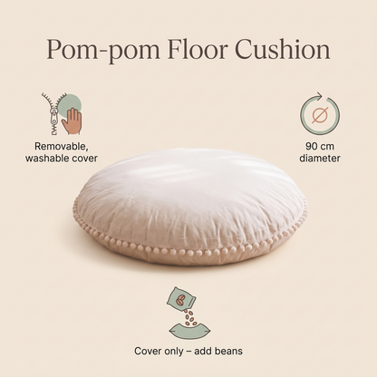 Little Teekie Large Pom-Pom Floor Cushion Cover | Cotton 90cm Kids Floor Pillow – Ecru – key features