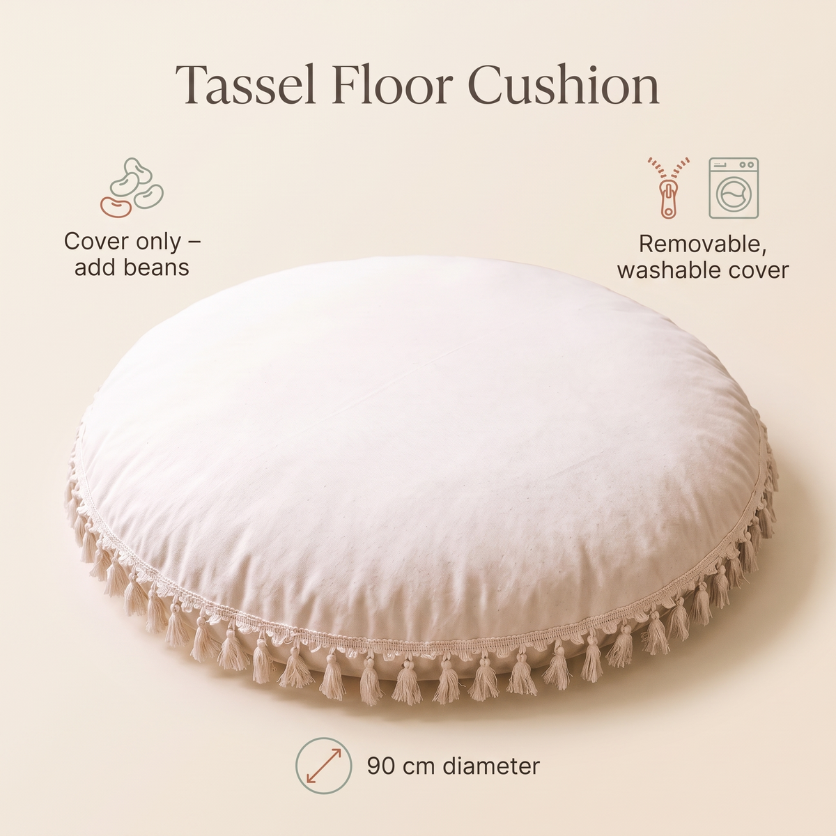 Little Teekie Large Tassel Floor Cushion Cover | Cotton 90cm Kids Floor Pillow – Ecru – key features