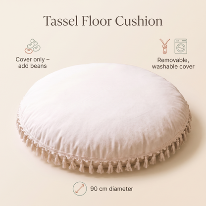Little Teekie Large Tassel Floor Cushion Cover | Cotton 90cm Kids Floor Pillow – Ecru – key features