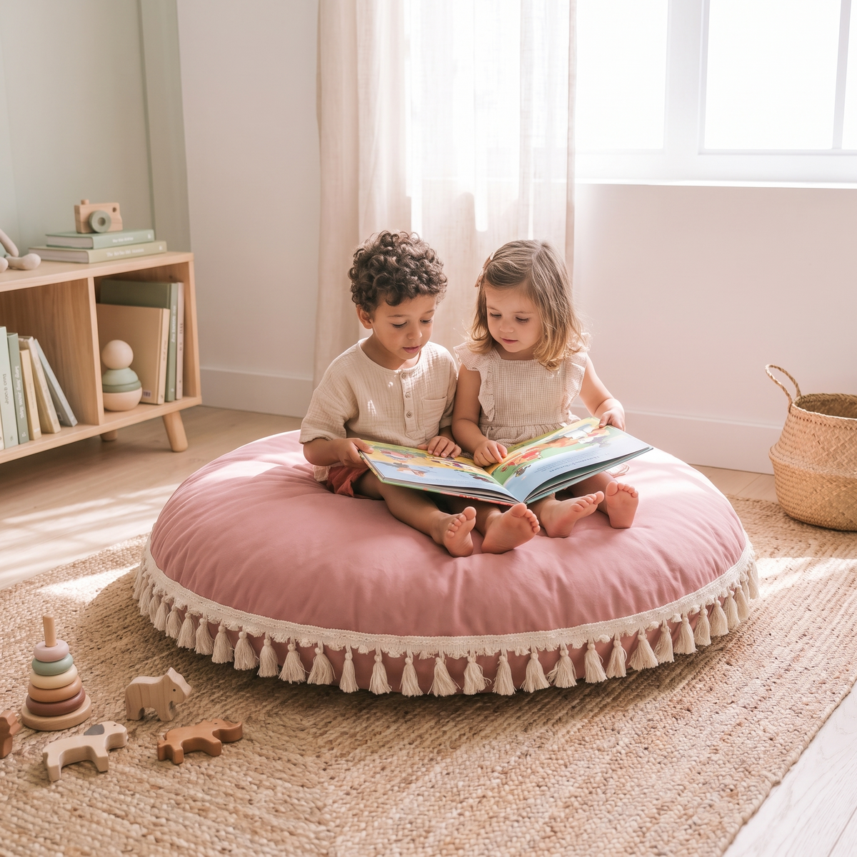 Little Teekie Large Tassel Floor Cushion Cover | Cotton 90cm Kids Floor Pillow – Rose – styled in a bedroom