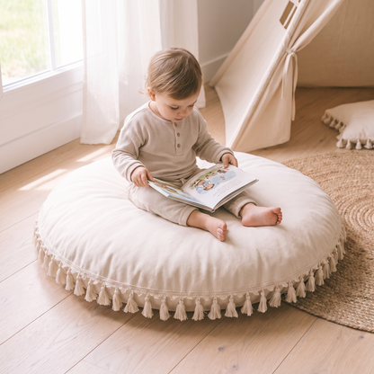 Little Teekie Large Tassel Floor Cushion Cover | Cotton 90cm Kids Floor Pillow – Ecru – in use, shows scale