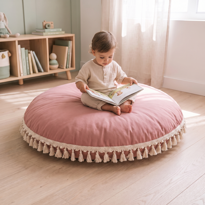 Little Teekie Large Tassel Floor Cushion Cover | Cotton 90cm Kids Floor Pillow – Rose – in use, shows scale
