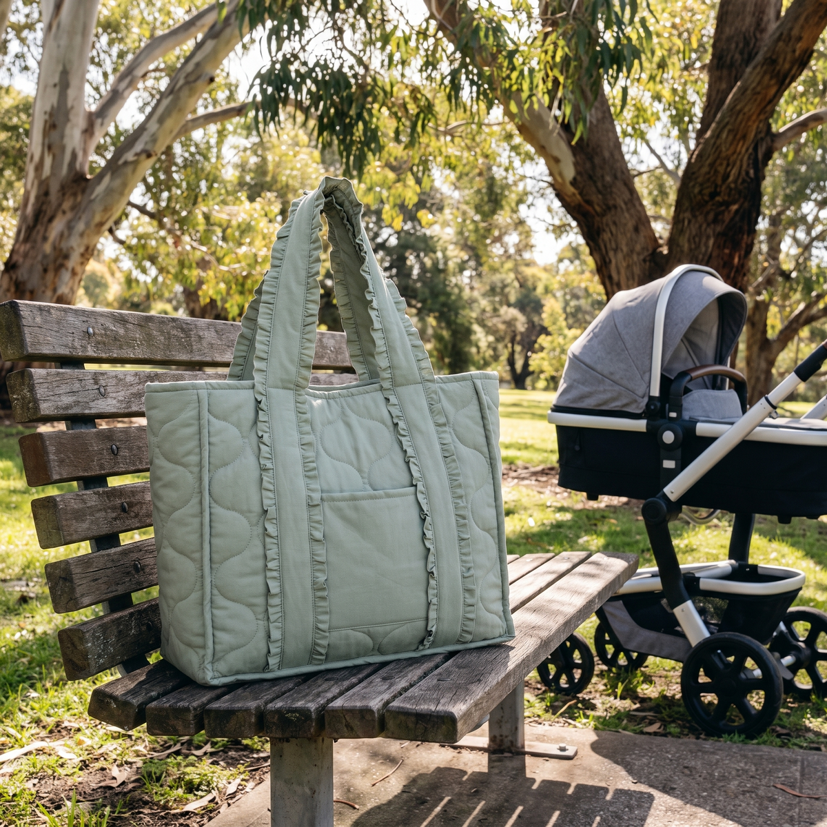 Little Teekie Quilted Nappy Tote | Puffer Cotton, Lightweight Baby Bag – Sage – lifestyle hero