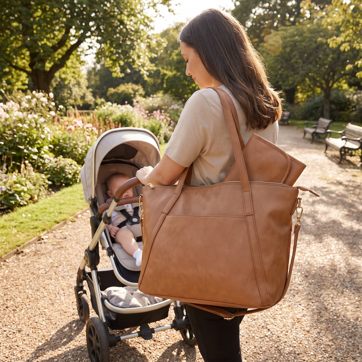 Little Teekie Nappy Tote Bag | Vegan Leather Shoulder Carry-All – Tan – in use, shows scale