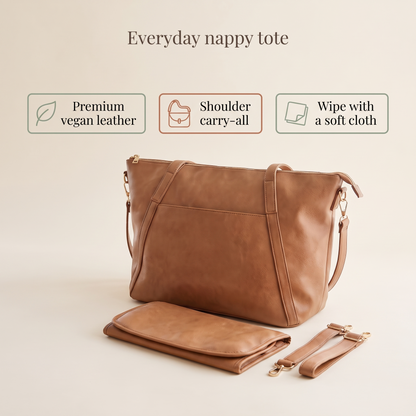 Little Teekie Nappy Tote Bag | Vegan Leather Shoulder Carry-All – Tan – key features