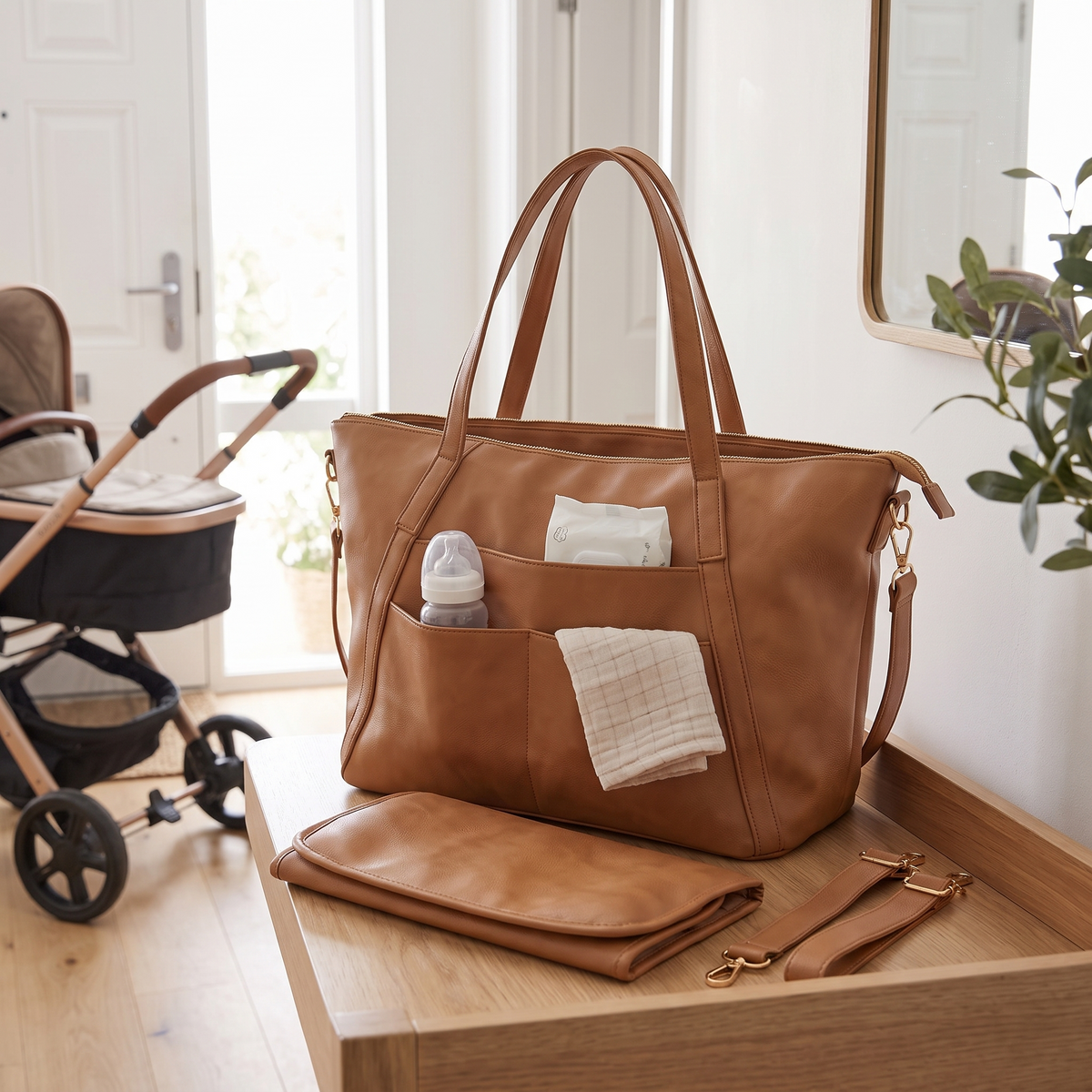 Little Teekie Nappy Tote Bag | Vegan Leather Shoulder Carry-All – Tan – styled in a café setting