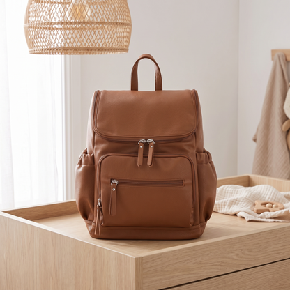 Little Teekie Mini Nappy Backpack | Compact Vegan Leather Baby Bag – Chestnut – lifestyle hero